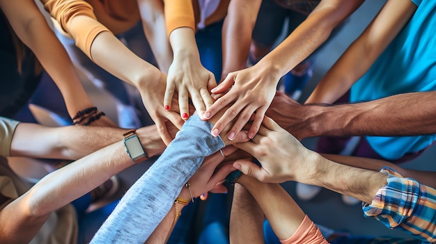 Circle of hands joined together representing volunteers